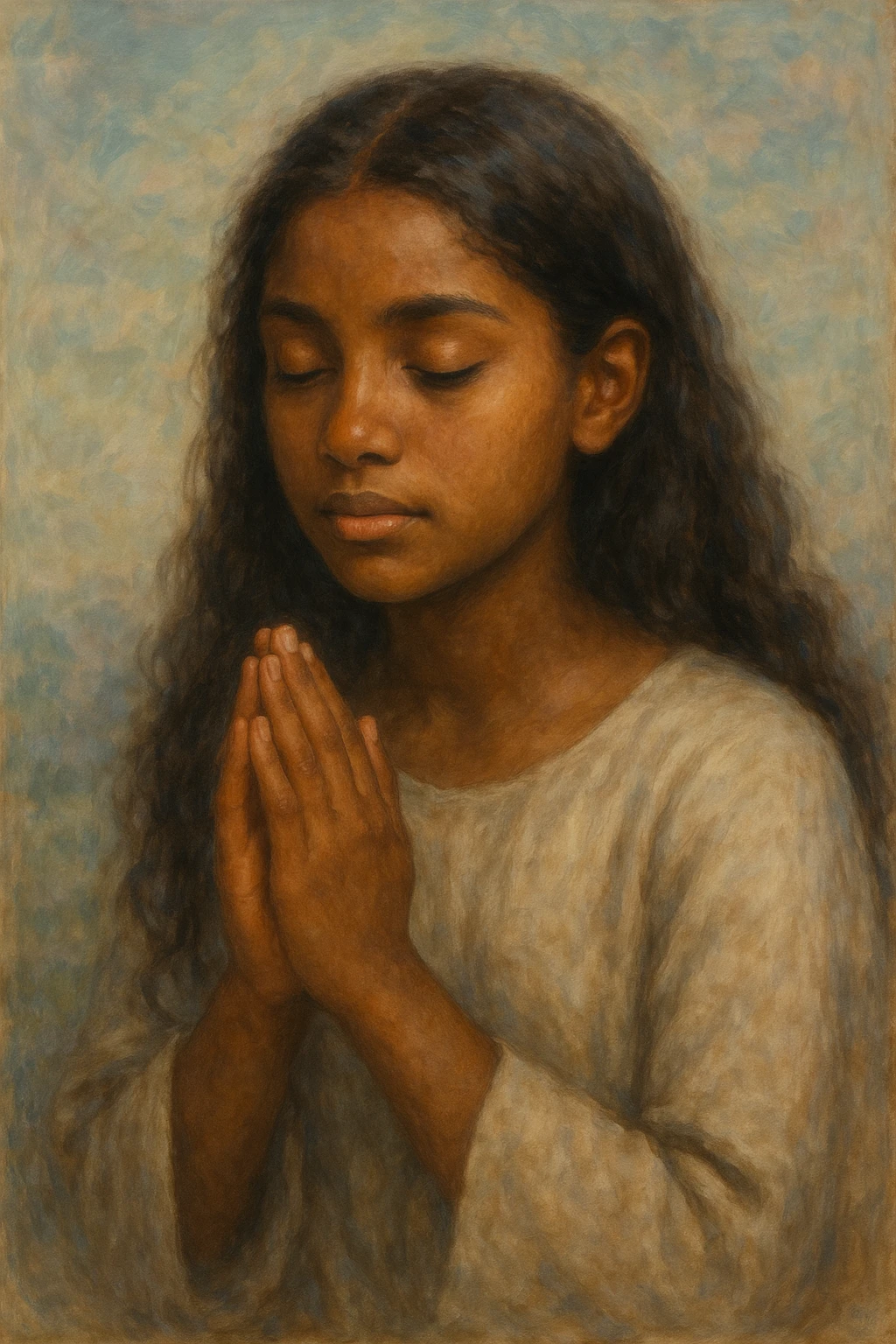 brown skinned girl praying, artistic style emoji