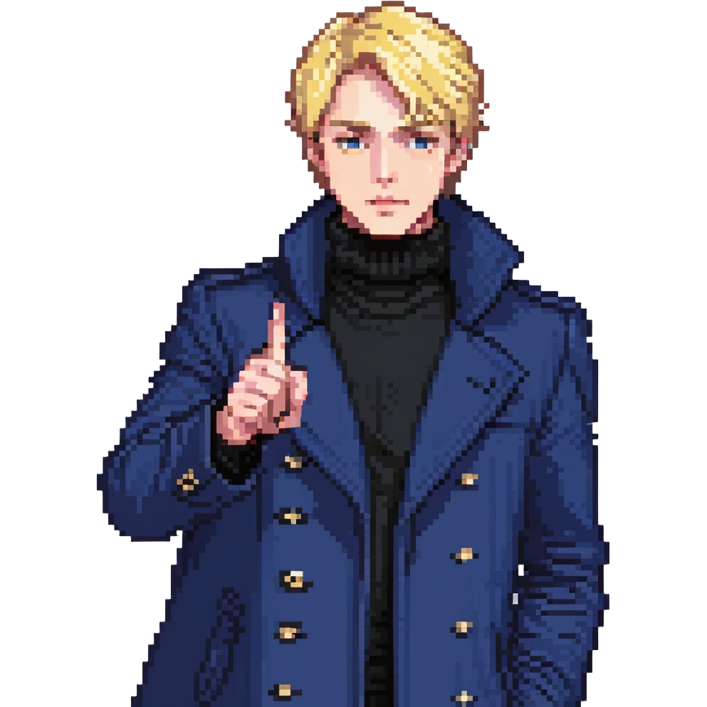 Flat pixel art, bold and charismatic male leader, Caucasian, short neat blonde hair, sharp eyes, indigo coat over black turtleneck, one arm raised pointing out, waist-up, front-facing emoji