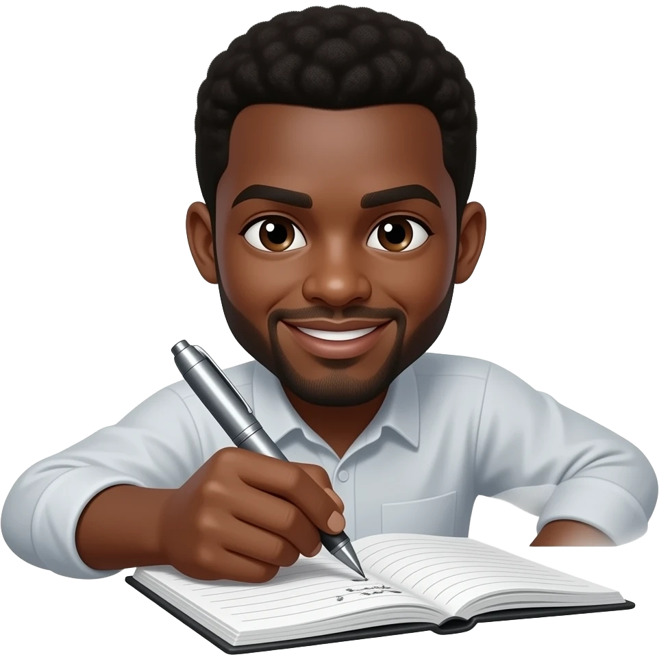 Emoji of a black person writing  with a pen on a notepad emoji