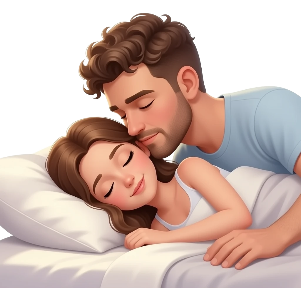 Realistic white man brown super short curly hair with beard kissing while sleeping in bed realistic white girl brown hair emoji