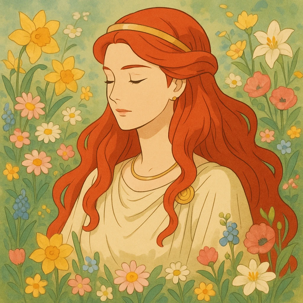 Persephone with vibrant red hair, surrounded by spring flowers, gentle and regal, mythological theme emoji