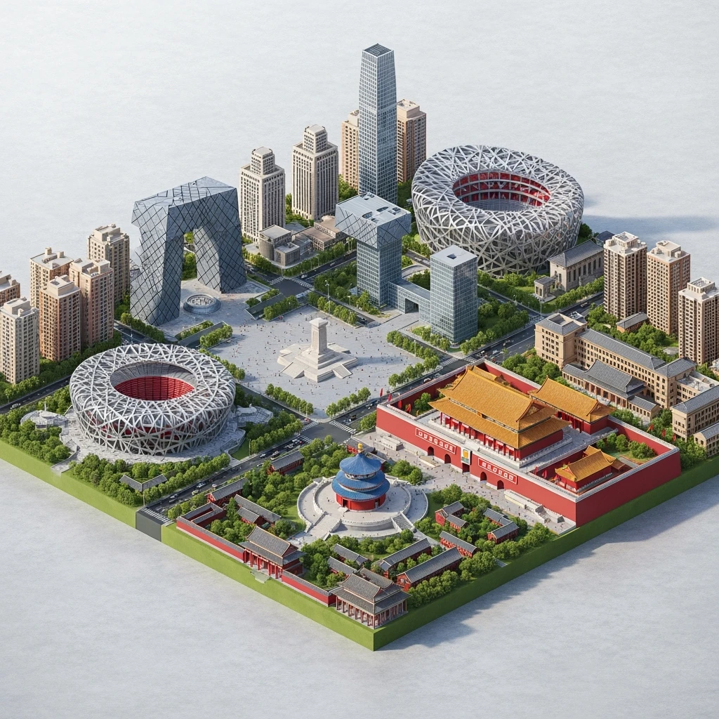 Isometric miniature of Beijing Forbidden City, Tiananmen Square, CCTV Headquarters, Temple of Heaven, China Zun skyscraper, Bird’s Nest Stadium, Beijing apartment blocks, 3D miniature effect and Tilt Shift effect, no cartoonish look, transparent background, don't cut angles emoji