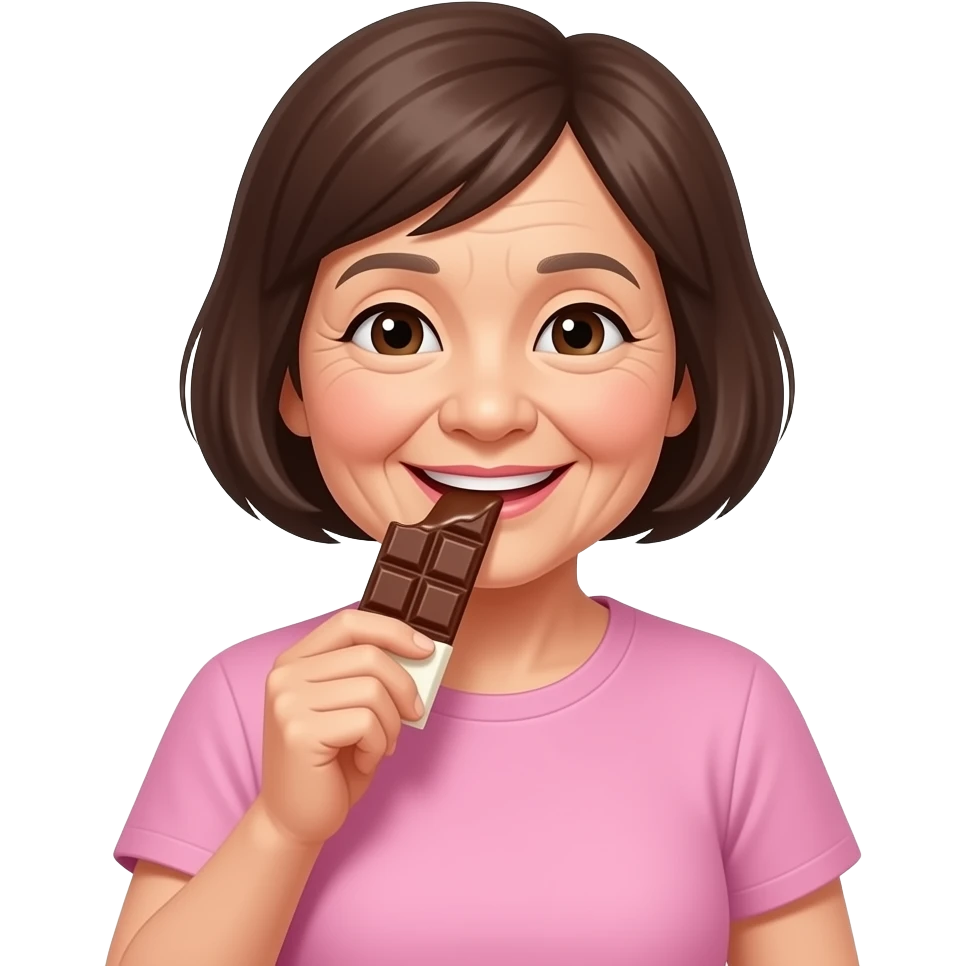 Asian grandma wearing pink tshirt with short brown hair eating chocolate emoji