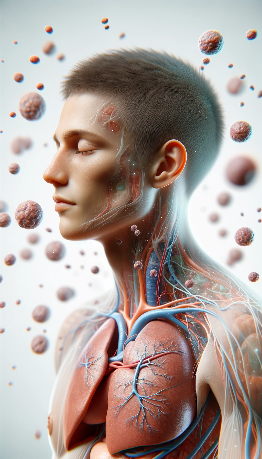 corpo umano anatomico con capelli corti e gli occhi chiusi, intorno a lui fluttuano cellule, fegato in evidenza, ha l'espressione rilassata, visto dal fianco iperrealistica 4k, isolato su sfondo bianco emoji