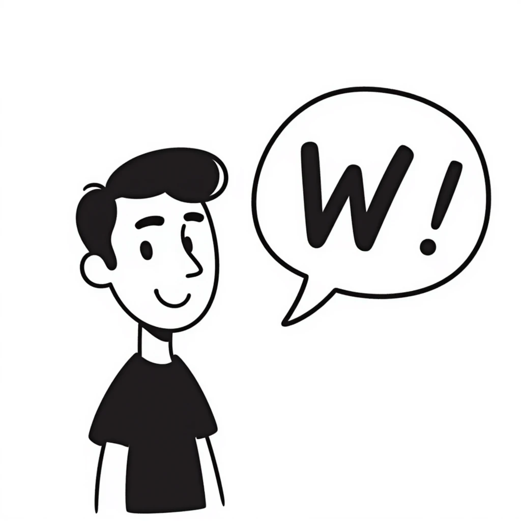 cheerful Hispanic teen with short black buzzcut, clean-shaven, speech bubble saying 'W' emoji
