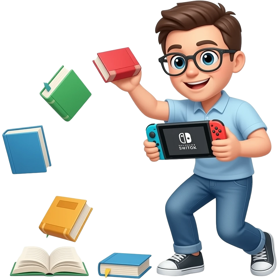 A person throwing his study books on the ground and playing on his Nintendo switch emoji