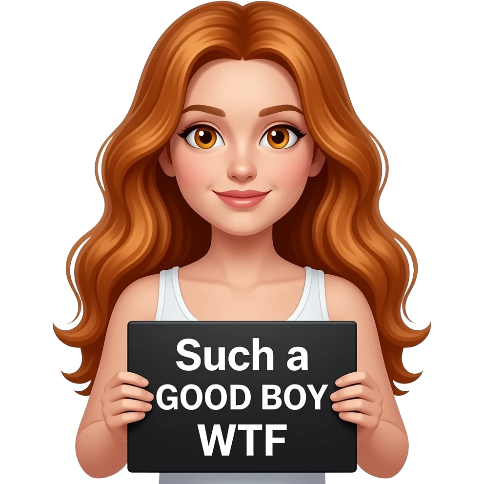 sexy girl with long wavy ginger hair and ginger eyes wearing a white tanktop is holding a black colored sign with Such a GOOD BOY WTF written on it emoji