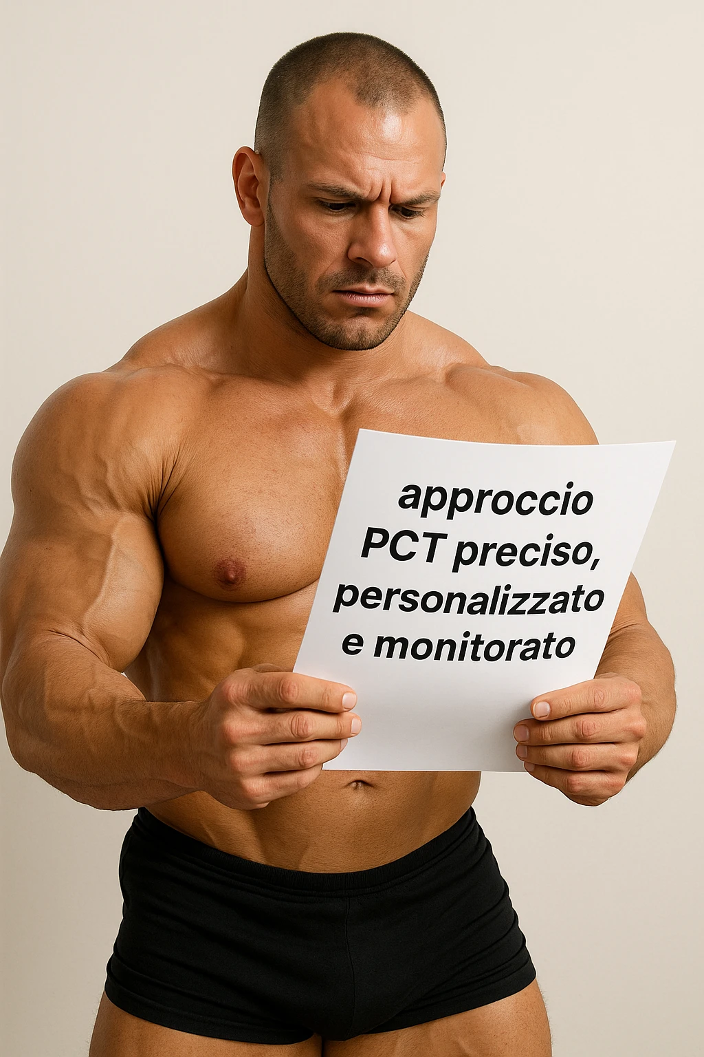 BODYBUILDER CHE LEGGE UN FOGLIO CON LA SCRITTA "approccio PCT preciso, personalizzato
e monitorato" emoji