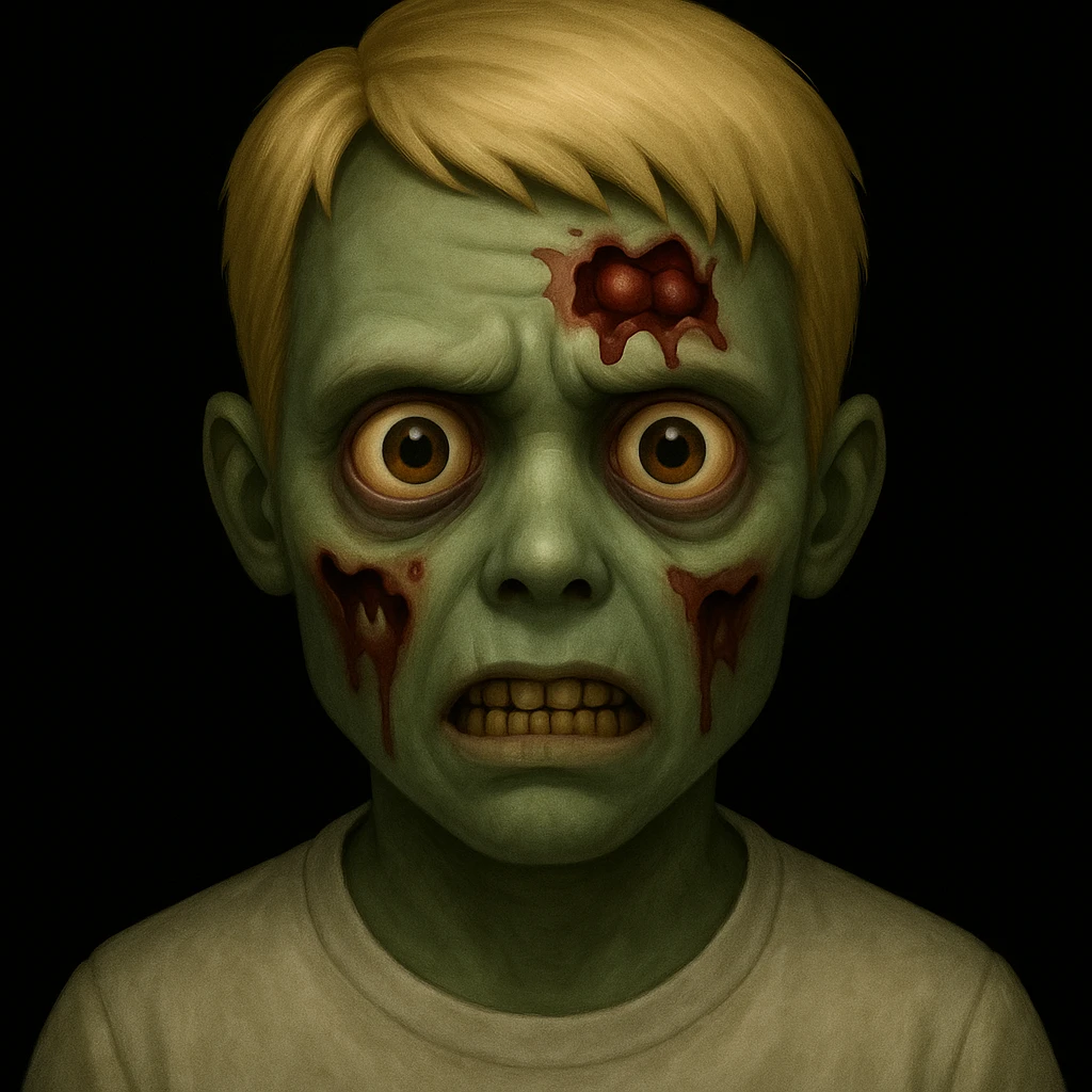 Edit the zombie image to have a black background, change the zombie's shirt to white, and make the eyes green. Keep the original style of the image intact. emoji
