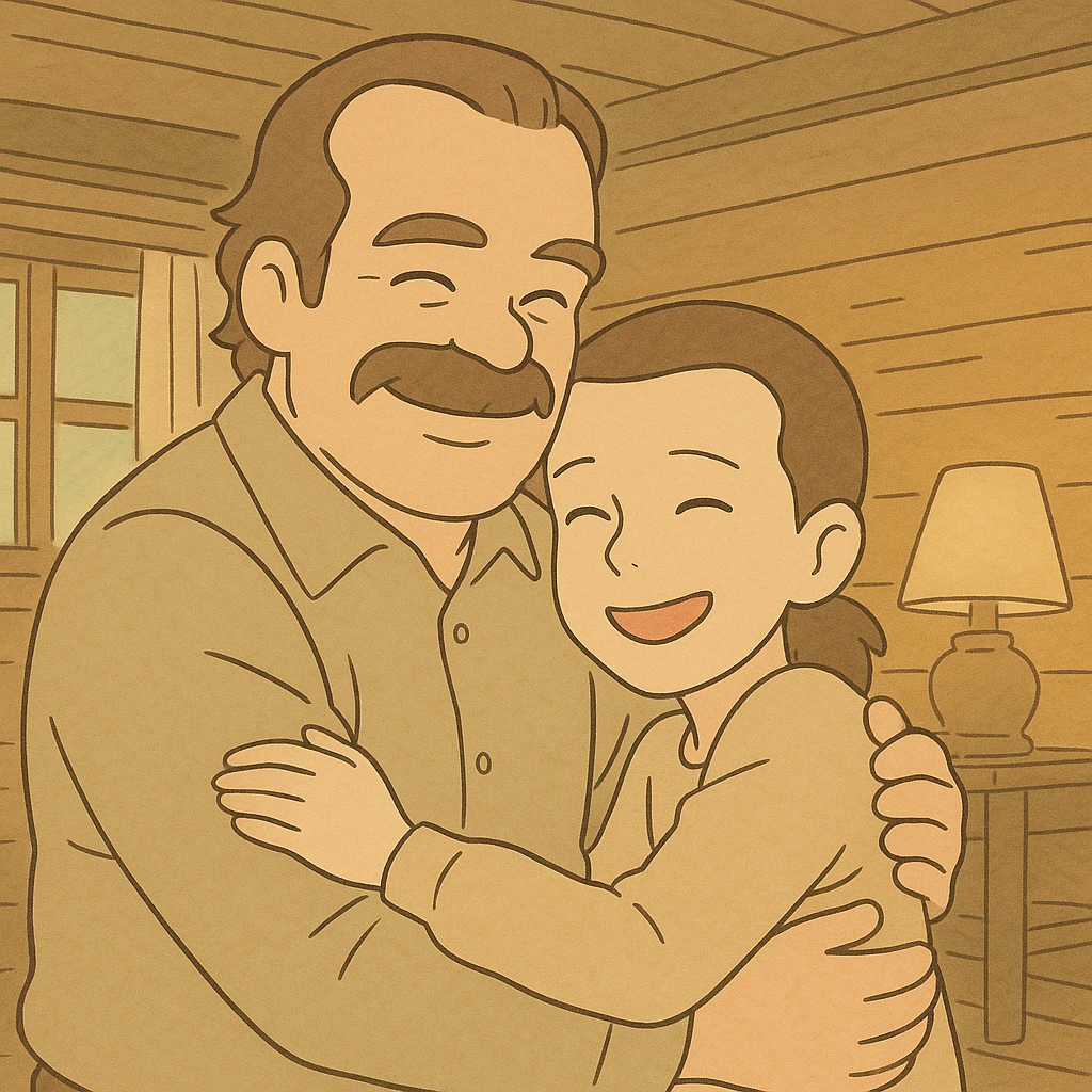 Hopper and Eleven together in the cabin, Hopper hugging Eleven in a moment of affection and family warmth, both smiling. Simple line art with light pastel tones and thick outlines, in the Ghibli style, 1:1 format, safe and friendly atmosphere. emoji