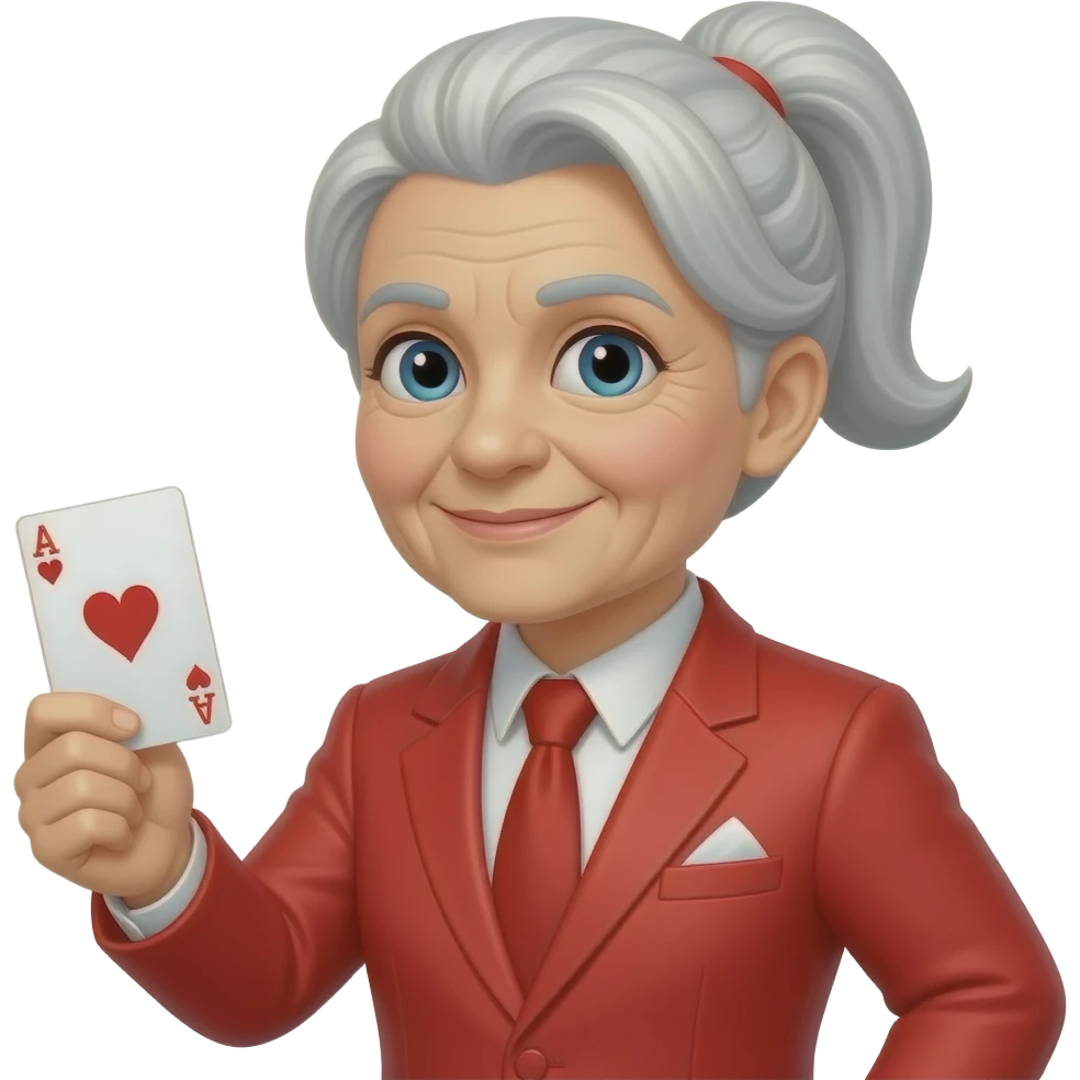 ponytail old women red suit with card emoji