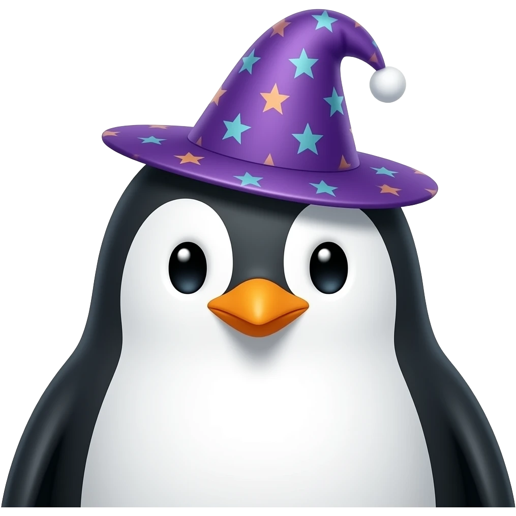penguin with half body close up wear a magic hat emoji
