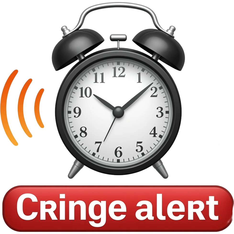 A blaring alarm with visual sound effects, a label below it with text "Cringe alert", filled background emoji