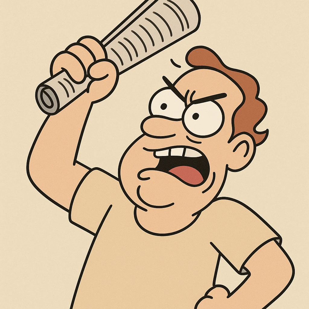 a hand holding a rolled up newspaper, raised and ready to smack someone on the head, exaggerated pose, playful and expressive, cartoon style emoji