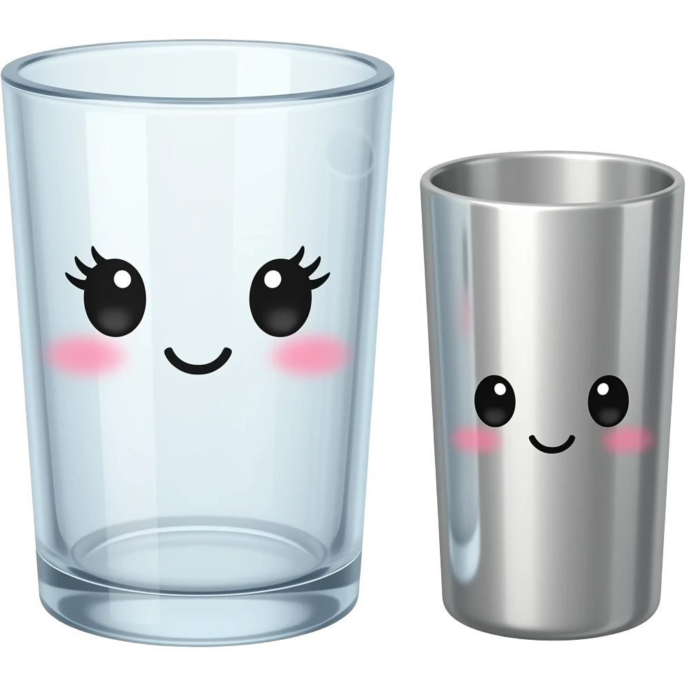 Fat glass cup with a cute face with eyelashes next to slim metal cup with a cute face without eyelashes emoji