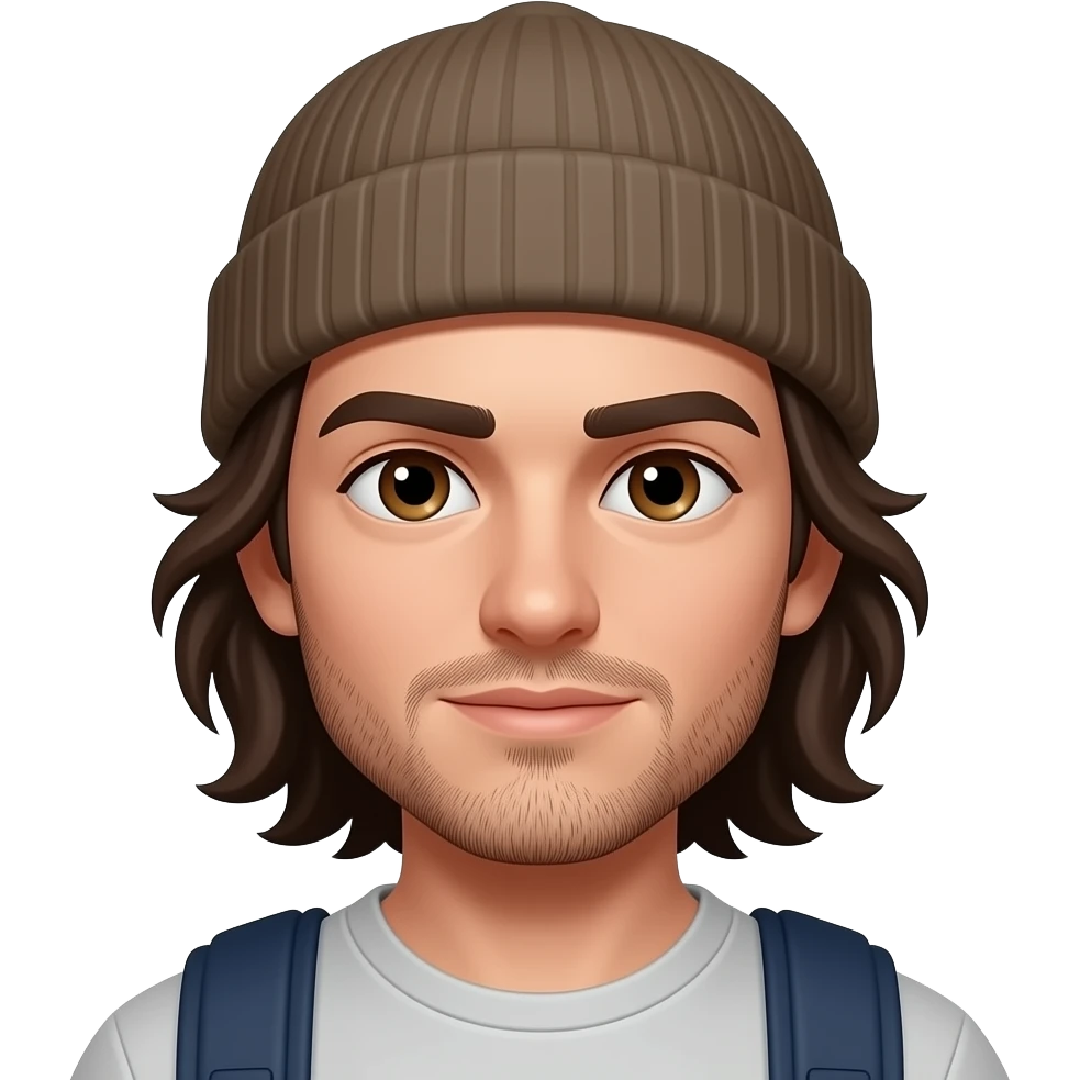 Skinny physique, dark brown thick eyebrows, shoulder length long dark brown hair man, hazel eyes, very scruffy 5 oclock shadow with beanie skateboarder emoji