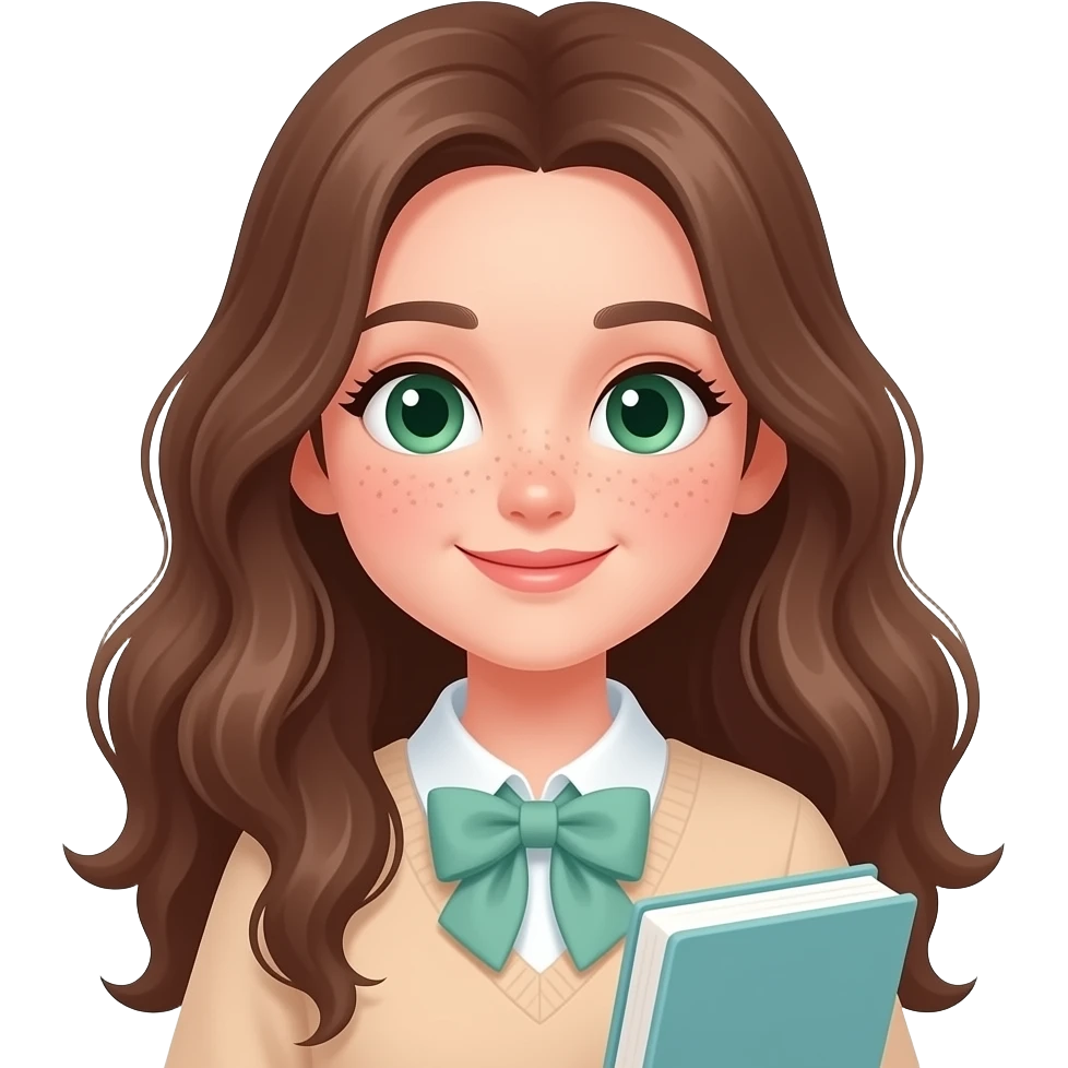 Cute study girl, Long BROWN wavy hair, green eyes, soft smile, aesthetic, minimal, pastel colors, cozy study vibe, holding book or notebook,PREPPY VERY PRETTY FACE WITH FRECKLES emoji