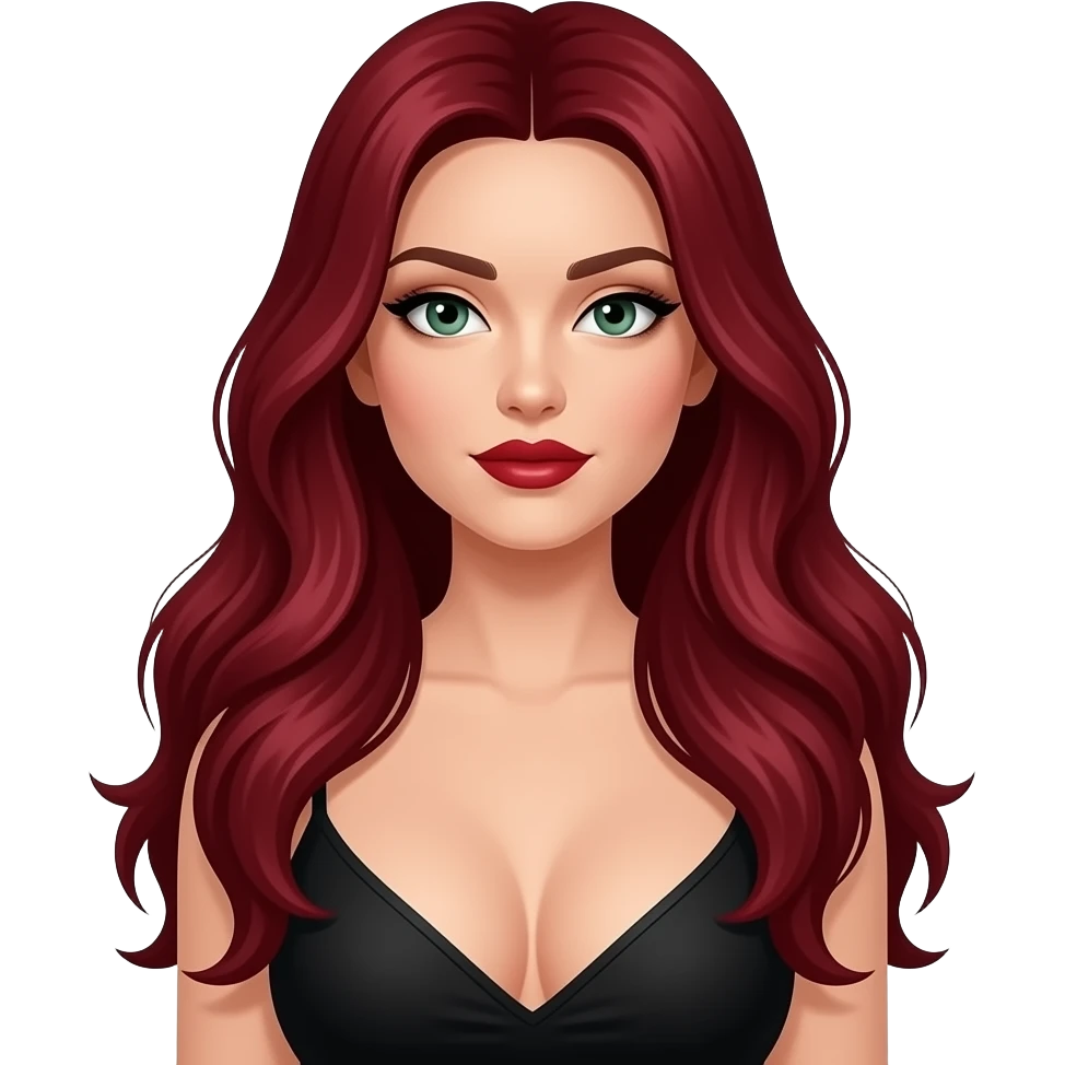 Weiblich, sehr lange dunkelrote Haare, helle Hautfarbe, dunkelroter lippenstift, dunkelgrüne augen und ein schwarzes top und große oberweite emoji