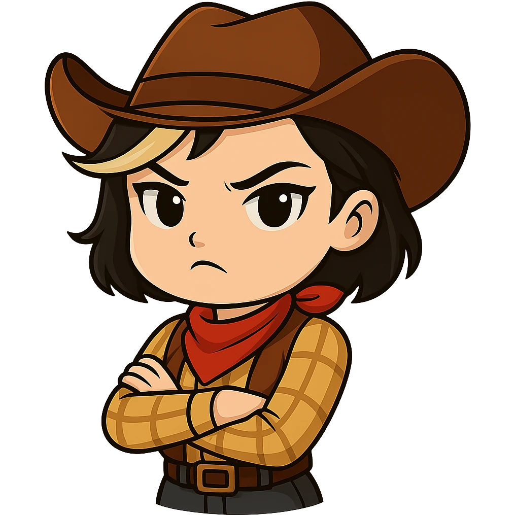 Chibi cowgirl with short hair and a blonde streak, wearing a cowboy hat and western outfit, no guns, chibi/anime style, transparent background, sized for Twitch or Discord use. Pose: arms crossed, determined expression. emoji