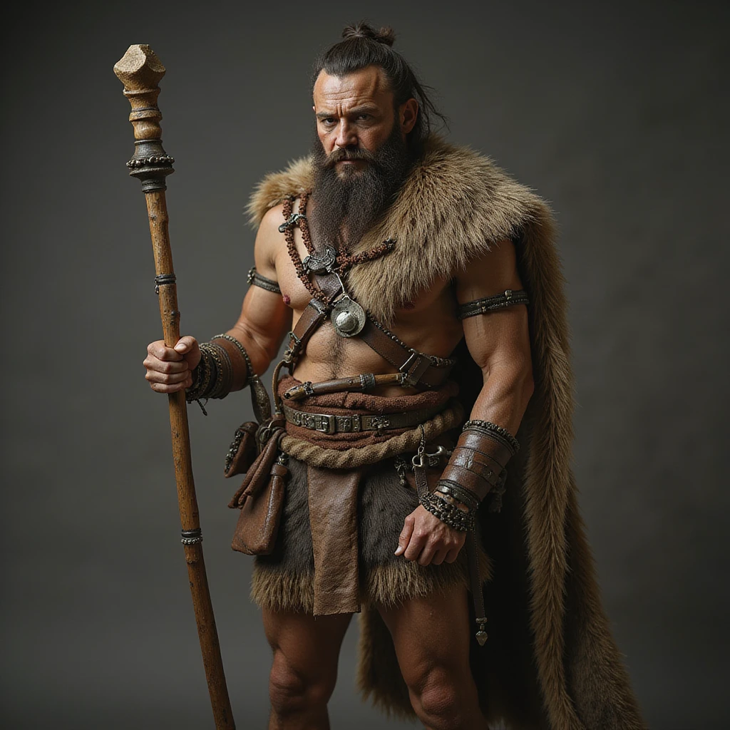 ancient hunter with animal skin clothing and wooden club, photorealistic style emoji