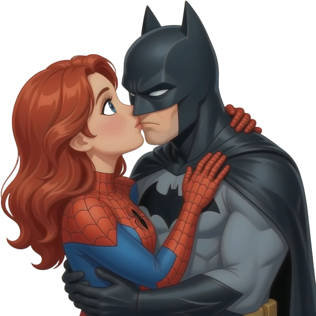 Spiderman kissing a red hair girl, batman drulling and hugging both emoji