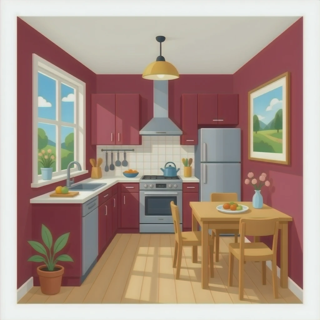 kitchen in an apartment in burgundy tones emoji