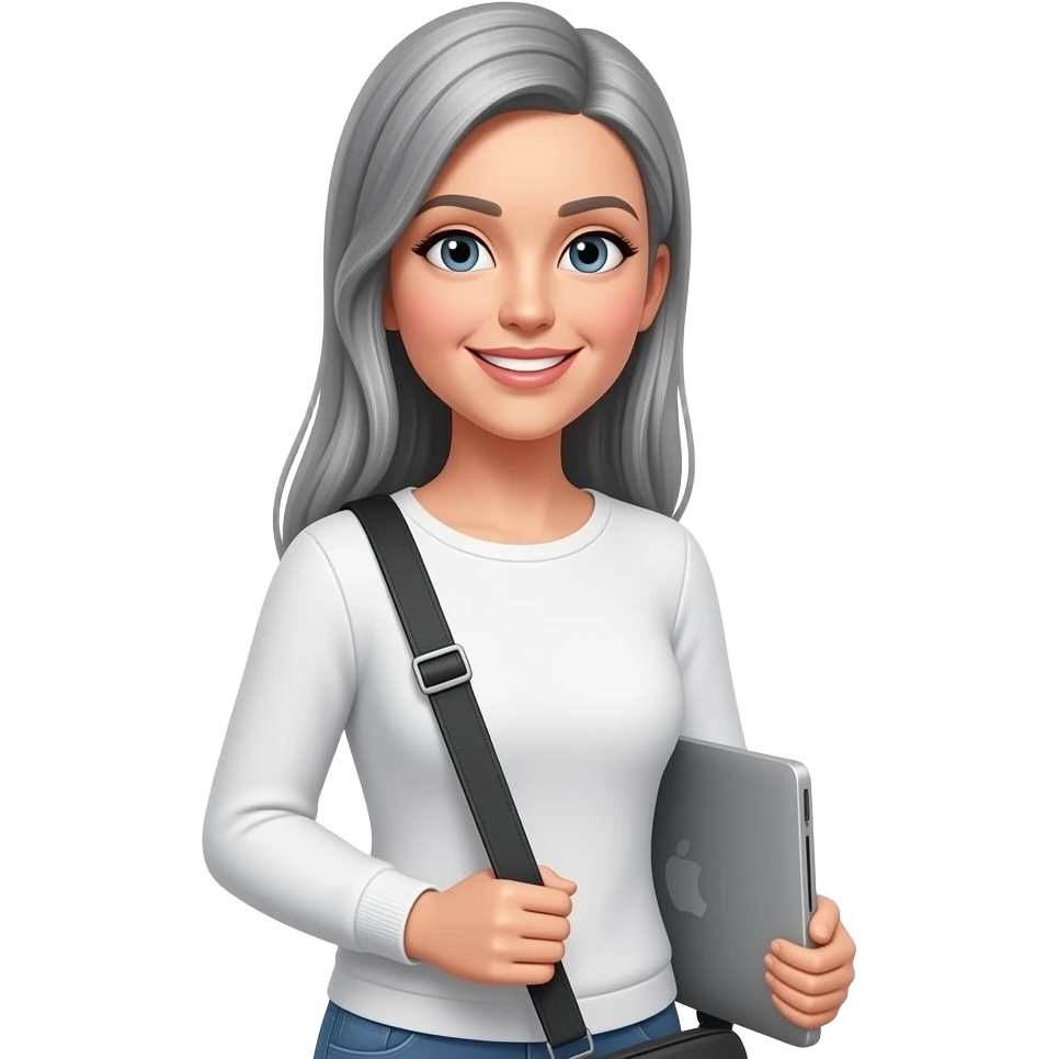 woman with long straight gray and long sleeve white top and laptop bag hair from the back as she walks out emoji