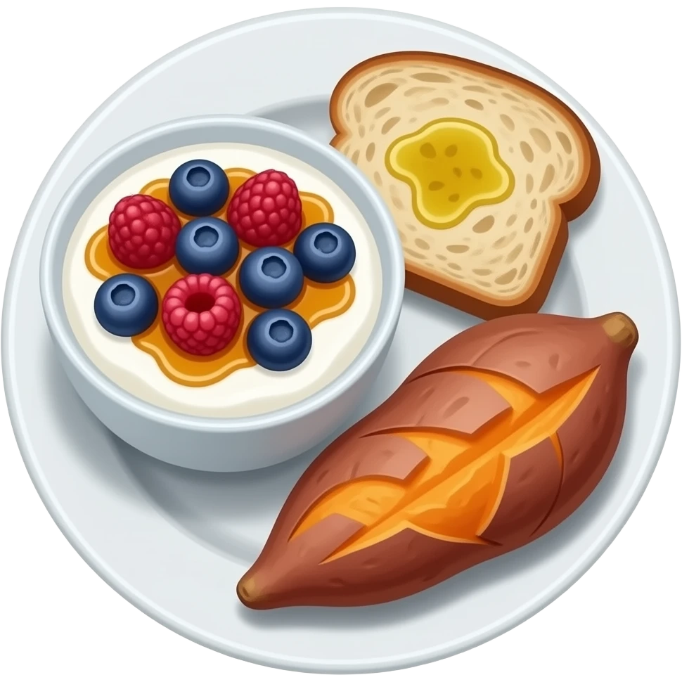 Realistic Plate with greek yogurt bowl topped with blueberries raspberries and maple syrup and sourdough slice topped with a lot of olive oil and a sweet potato on the side HD emoji