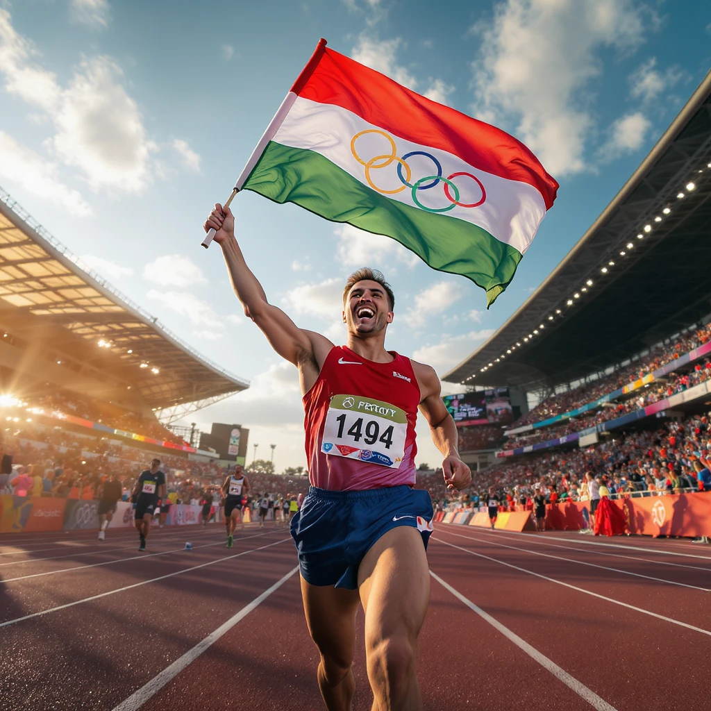 happy runner waving a flag of Olympic emoji