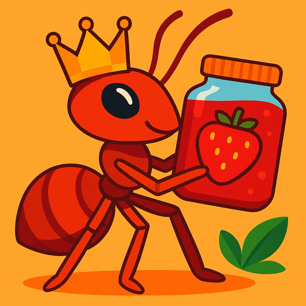 regal ant with a golden crown, clutching a jar of strawberry jam, cartoon style emoji