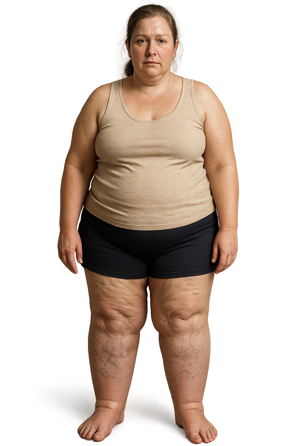 donna realistica leggermente in sovrappeso con vene visibili sulle gambe e gambe gonfie, iperrealistica 4k, IPERREALISTICA 4K emoji