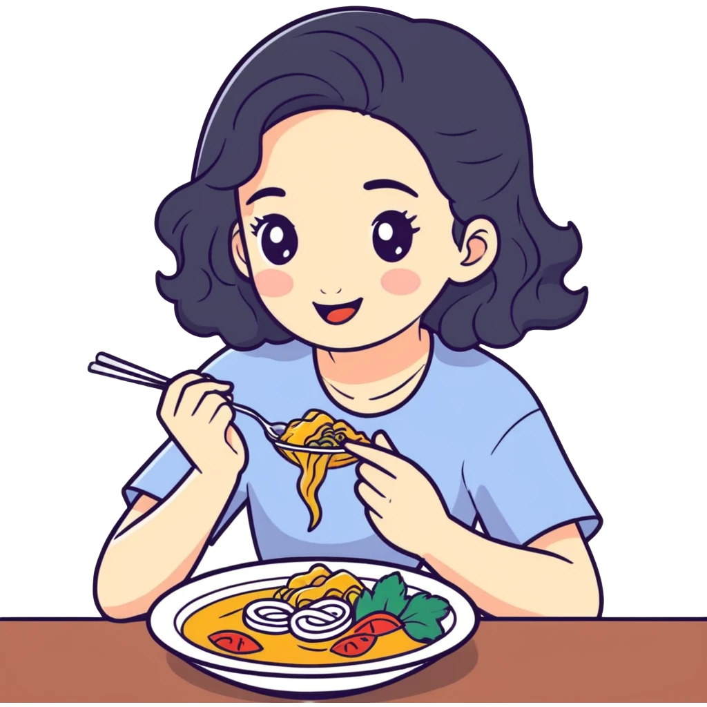 Pale girl with Black wavy hair eating Thai food emoji
