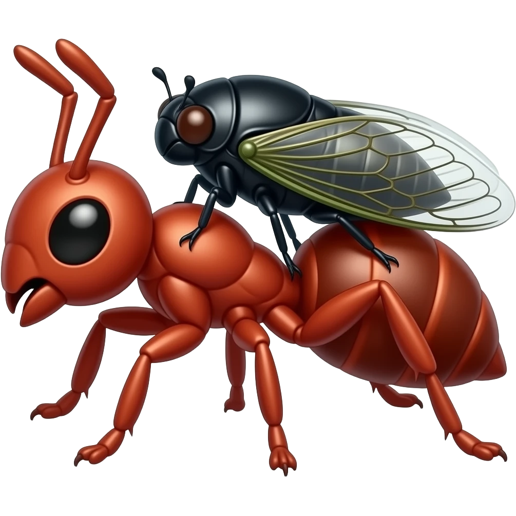 a black cute girly cicada on the back of red muscular ant, cartoon style emoji