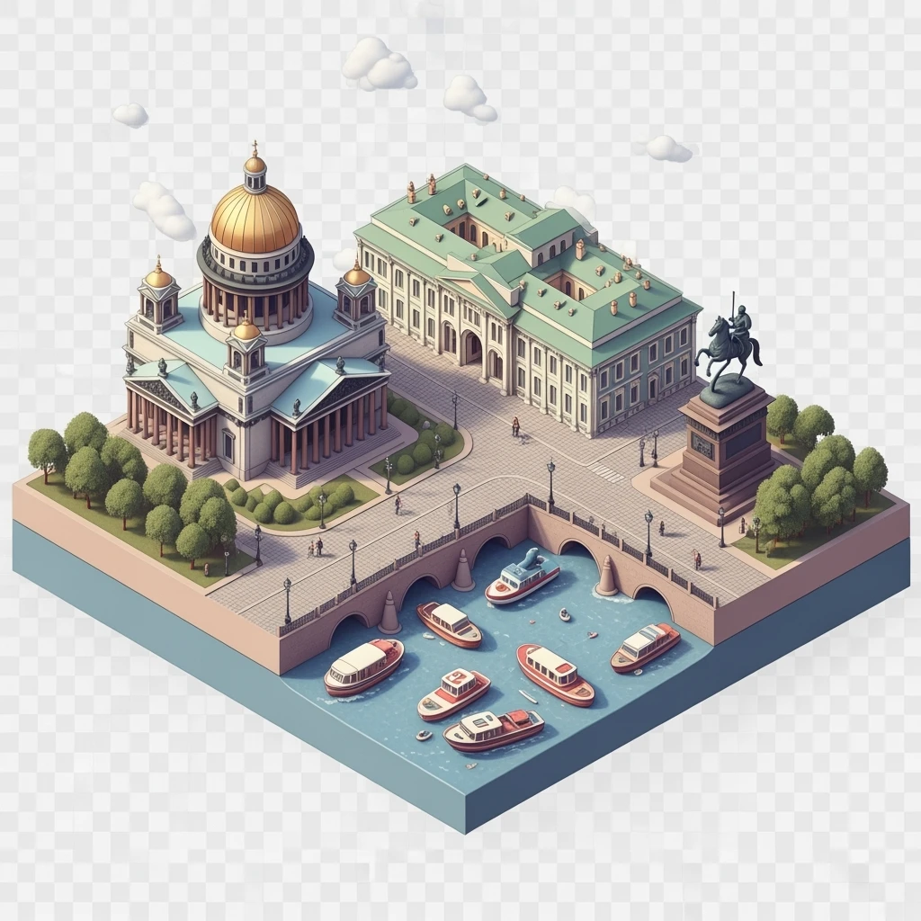 Isometric illustration of Saint Petersburg with the Saint Isaac’s Cathedral, the photorealistic Winter Palace, and the Bronze Horseman statue, toy boats and bridges, in pastel miniature diorama style, transparent background emoji