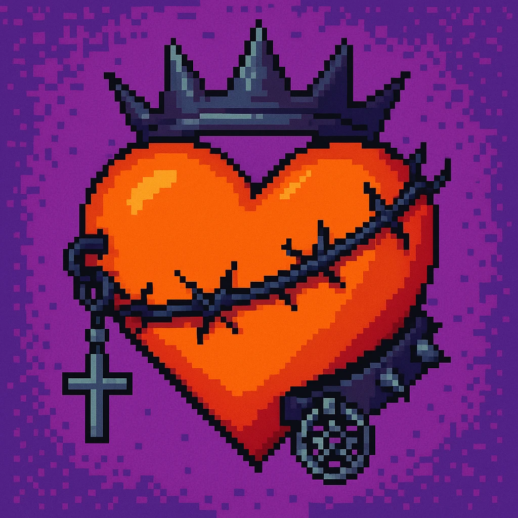Make the heart orange, keep the retro and vibrant pixel art style with goth accessories. Render in pixel art style with vibrant colors and retro pixel aesthetics. emoji