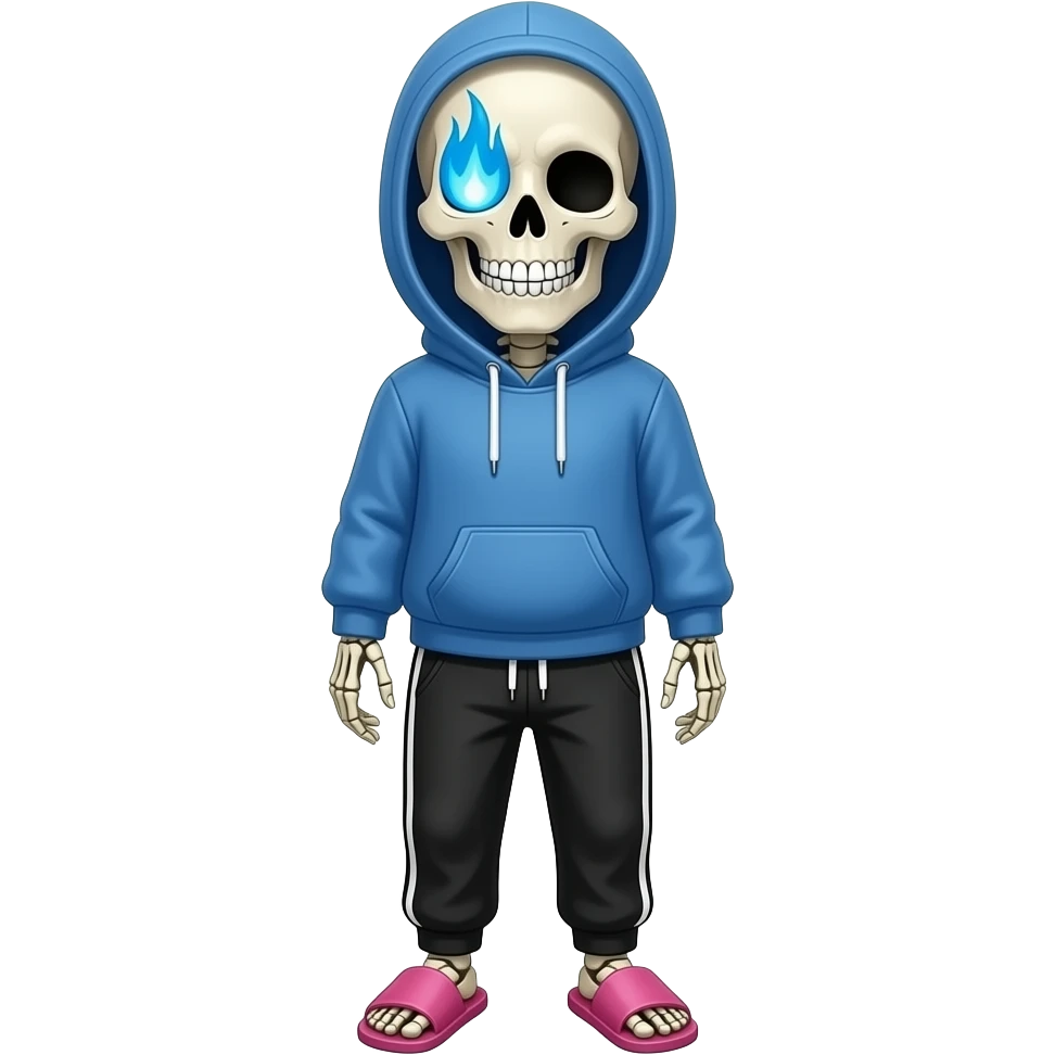 Sans the skeleton, blue hoodie with hood down, a grin, right eye has a blue flame, black jogging pants, pink slippers emoji