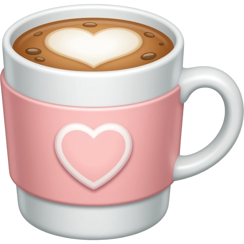 White coffee cup with light pink sleeve and a foam heart emoji