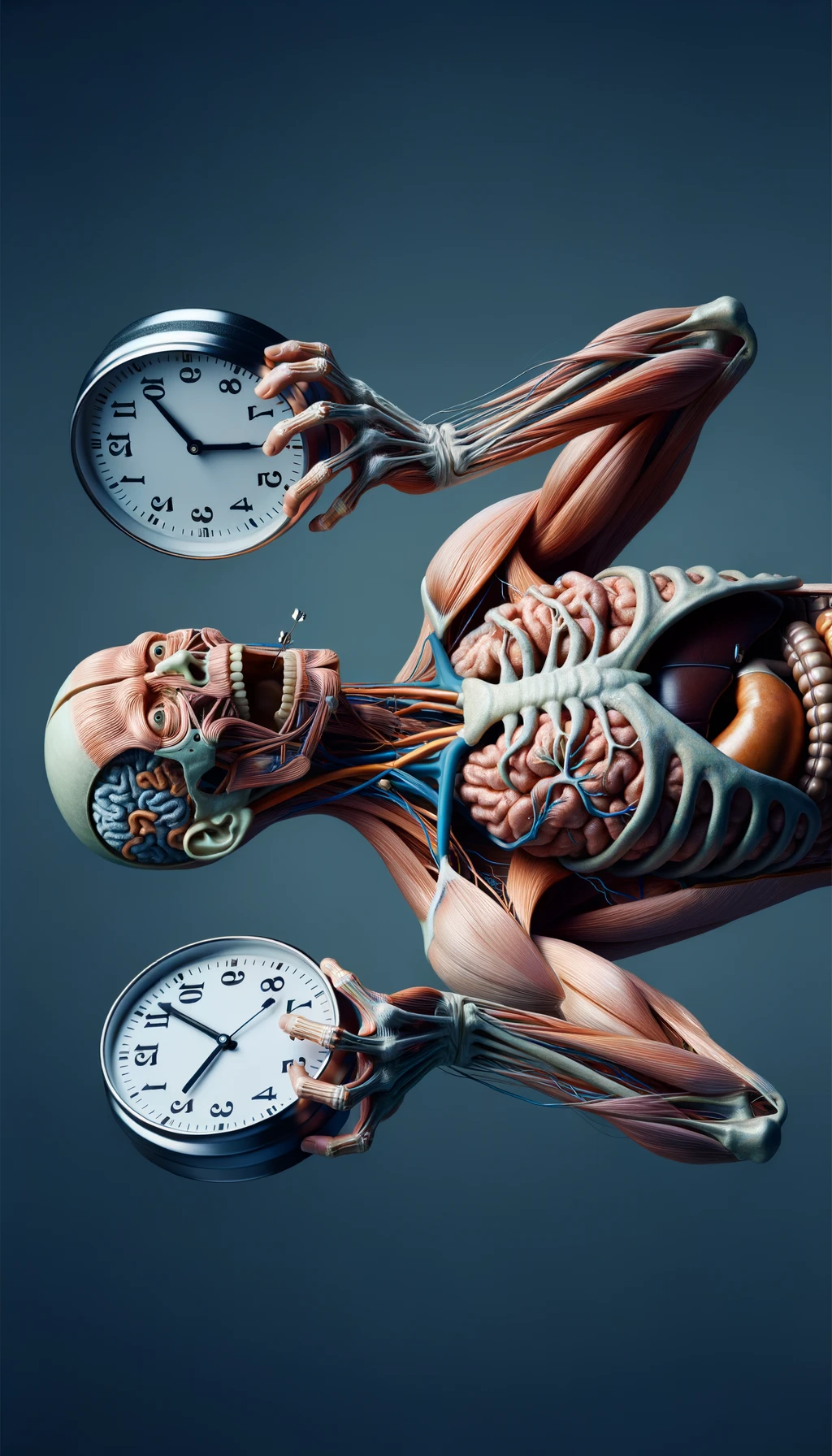 corpo umano anatomico CHE TIENE OROLOGI NELLE MANI E STA IMPAZZENDO PERCHé NON RIESCE A SVOLGERE TUTTE LE SUE ATTIVITà QUOTIDIANE: NON HA TEMPO, iperrealistico 4k emoji