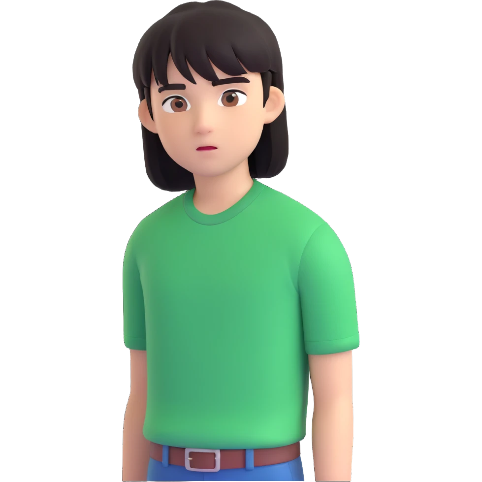 A boy with straight bangs covering his eyebrows, long hair at the back, black eyes, and brownish-black hair, wearing a green shirt the color of brilliant green antiseptic. emoji