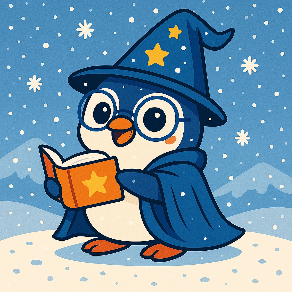 Add falling snowflakes to the scene with the playful penguin wizard and snowy background, keeping the fun and friendly style. emoji