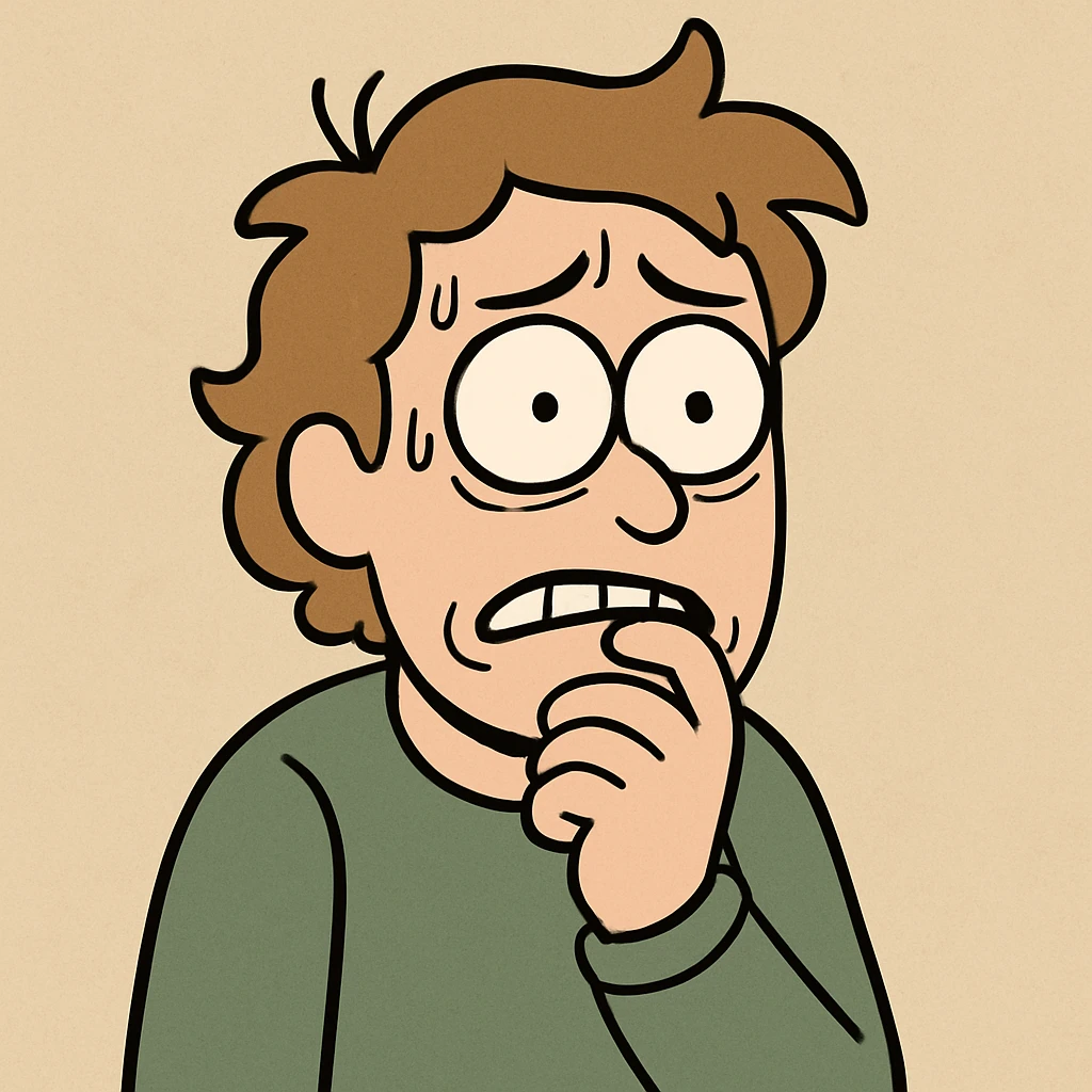 a person with a hand on their chin, wide eyes, looking anxious and scared, simple illustration emoji