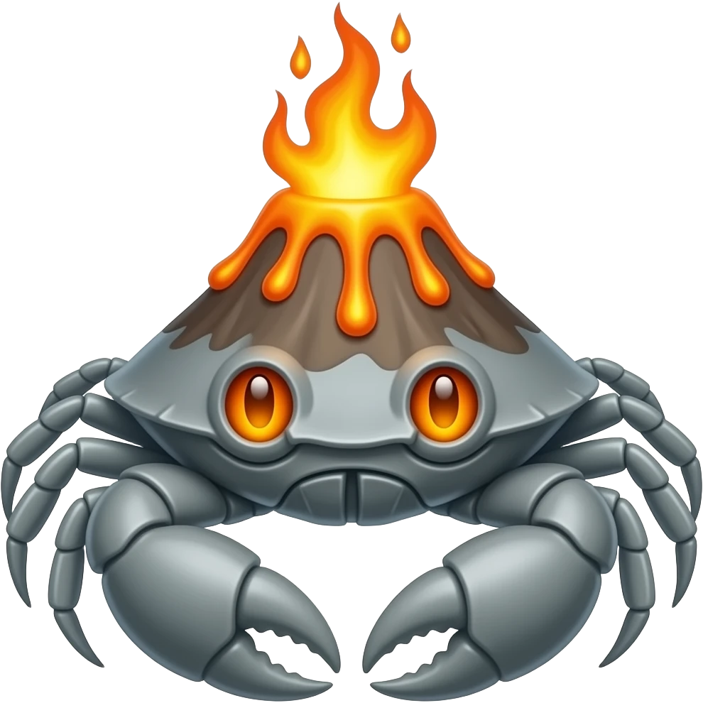 Gray A crab with a volcano on its back with lava dripping down from it with glowing orange eyes emoji