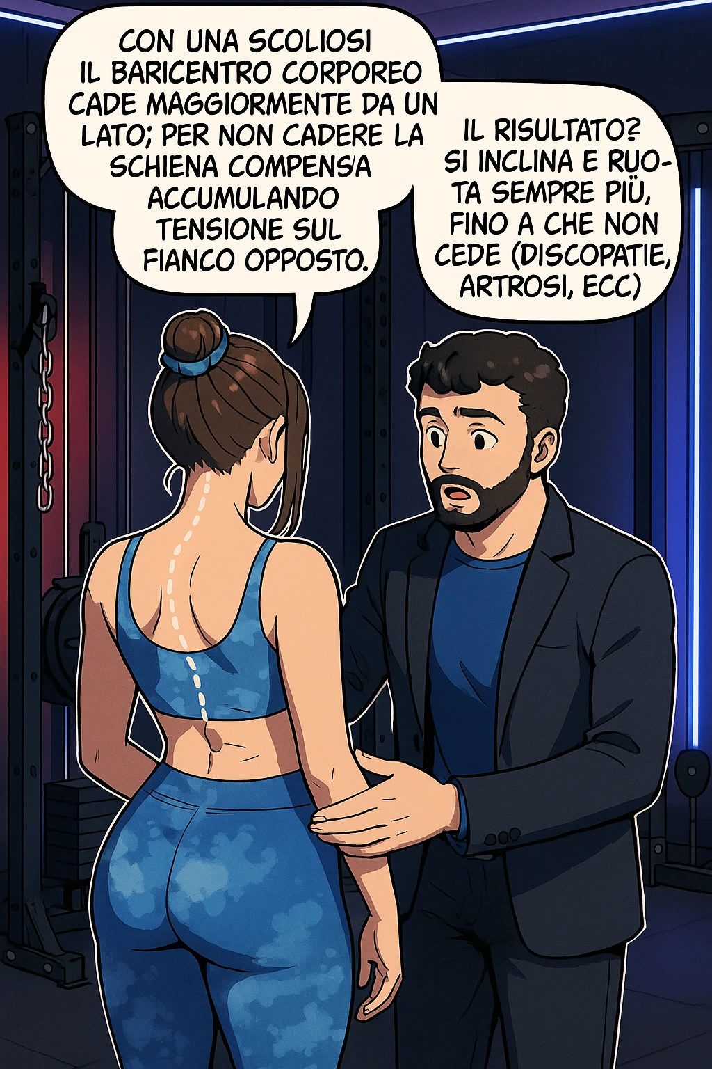 fai questa immagine in versione manga/webtoon a colori, il manga mostra la donna di spalle, mentre l'uomo le tocca la spina dorsale per spiegarle come funziona la scoliosi:
Con una scoliosi il baricentro corporeo cade maggiormente da un lato; per non cadere la schiena compensa accumulando tensione sul fianco opposto.
Il risultato? Si inclina e ruota sempre più, fino a che non cede (discopatie, artrosi, ecc) emoji