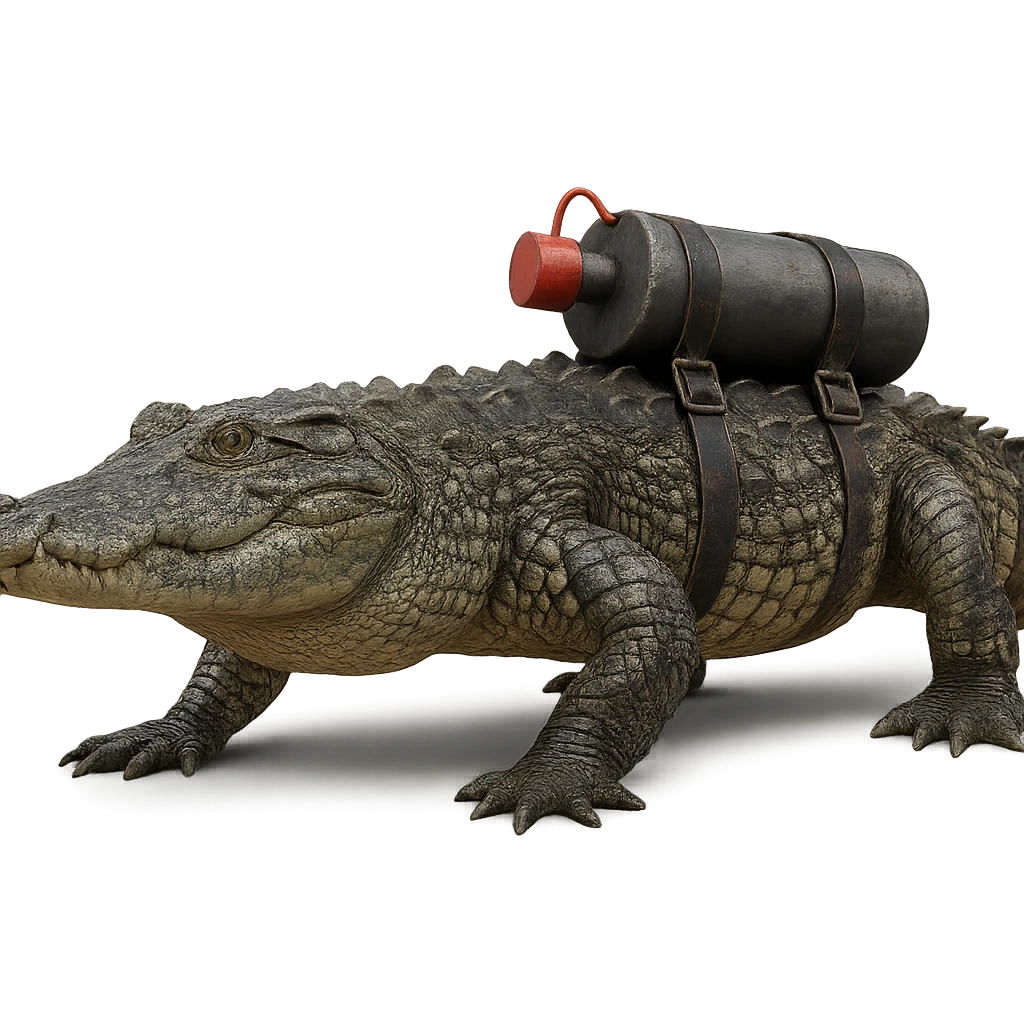 A realistic crocodile with a bomb on its back, detailed scales, serious expression emoji