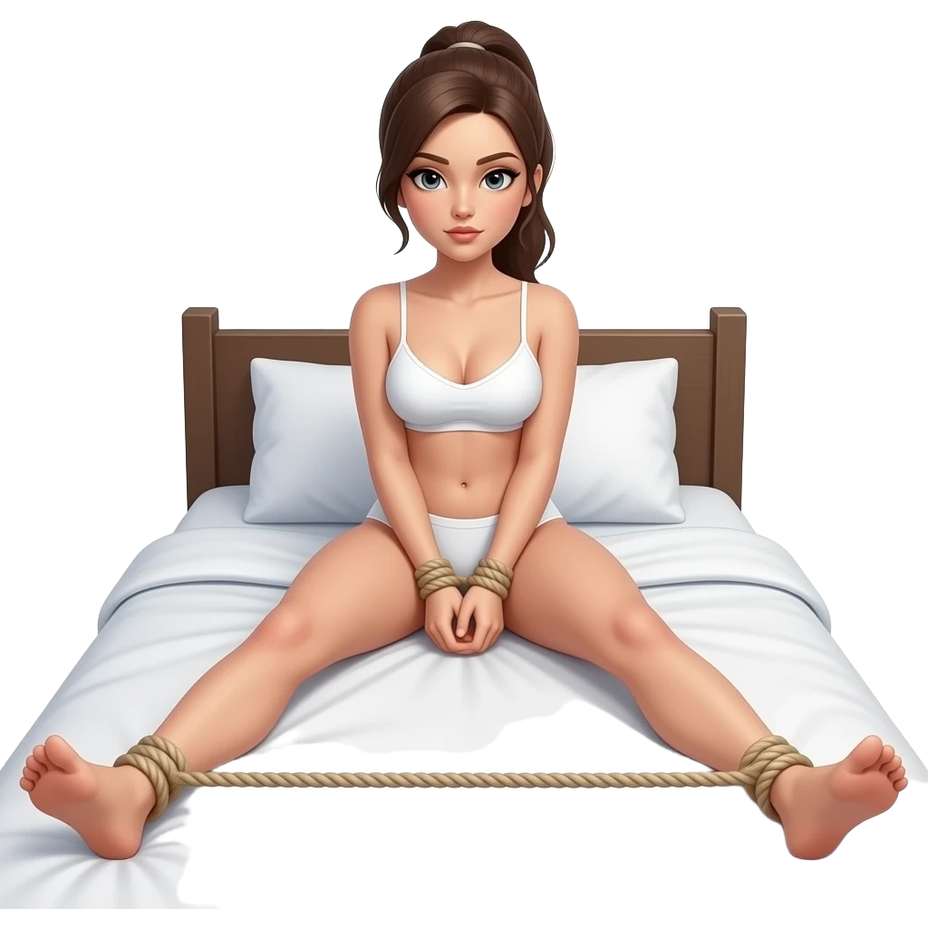 woman in white underwear with ponytail on bed with legs tied apart with rope shibari emoji