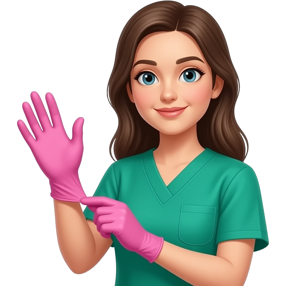 girl estethician putting on pink gloves - like in prrocess of putting on and they are wearing green scrubs emoji