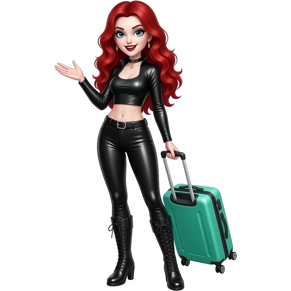Vampiro femmina  con capelli lunghi rosso fuoco ondulati con pelle bianca che indossa degli stivali neri stretti dei leggins di pelle nera e un top corto con maniche lunghe e strette nero che tiene una valigia a ruote verde acqua che saluta emoji