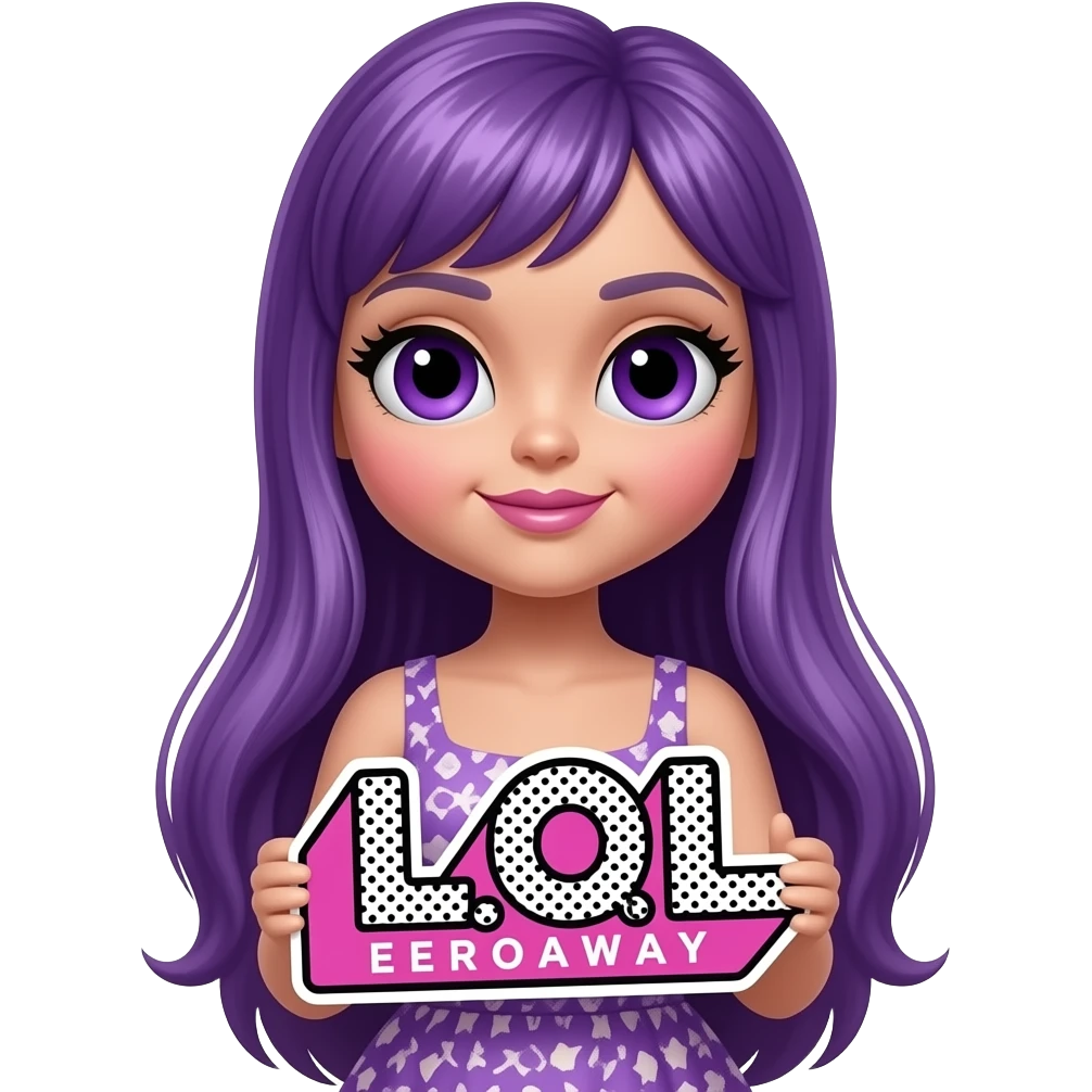 sexy girl with long purple hair and purple eyes wearing a dress holding a L.O.L: sign emoji