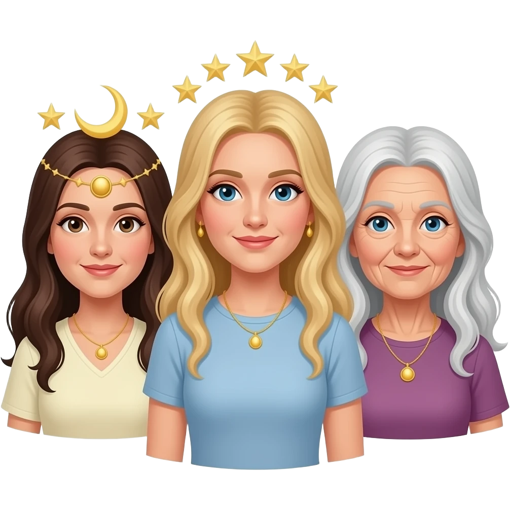 Triple goddess and stars and moon maiden, mother, old lady emoji