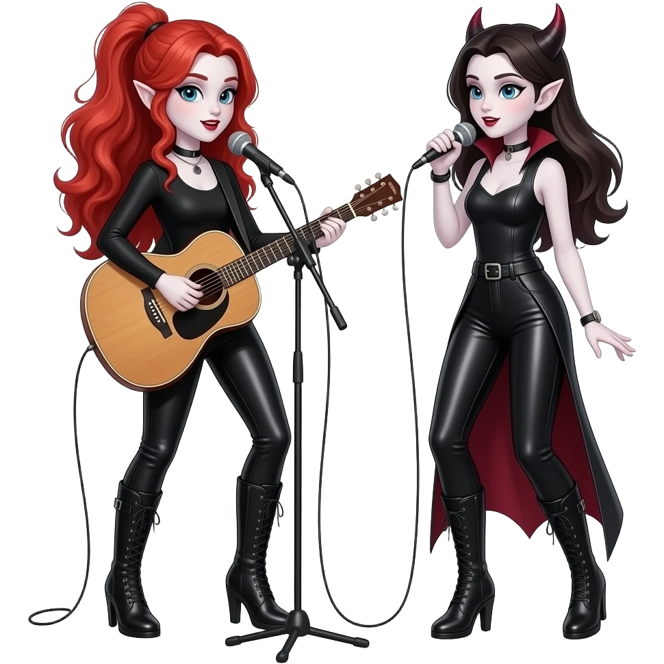 Vampiro femmina ADOLESCENTE con pelle bianca e capelli rosso ondulati lunghi raccolti in una mezza coda che indossa dei pantaloni di pelle neri un top nero con maniche lunghe e degli stivali lunghi con tacco che canta e suona una chitarra di legno e la sua amica VAMPIRA canta emoji